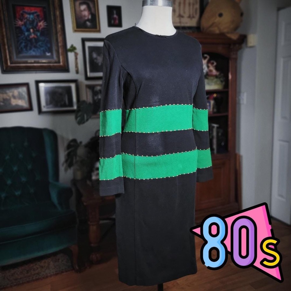 Vintage 80s Adrienne Vittadini Dress Black Green Studded Knit‎ Cotton Womens 4
